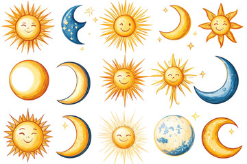 Various cheerful celestial bodies featuring suns and moons in bright colors