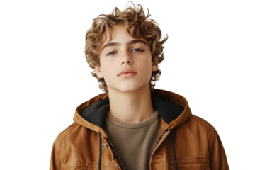Young man with curly hair wearing a brown jacket and a neutral sweater poses confidently against a white background
