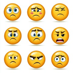 Obraz premium Collection of Expressive Yellow Emojis Depicting Various Emotions from Happiness to Sadness, Surprise, Anger, and Discontent for Creative Communication Purpose.