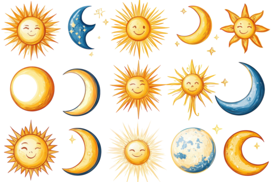 Various cheerful celestial bodies featuring suns and moons in bright colors
