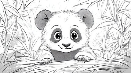 Cute panda exploring a lush forest environment in a delightful coloring page for all ages to enjoy creativity and fun