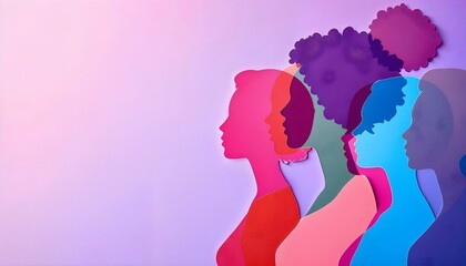 A dynamic exhibition of women in a spectrum of colors, showcasing diversity and strength through paper silhouettes for International Women's Day