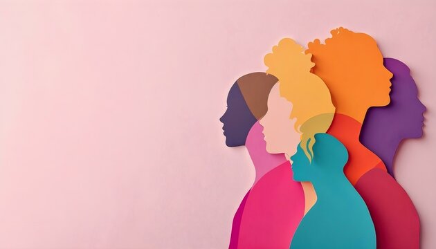 An energetic display of women in a variety of colors, illustrating diversity and strength through paper silhouettes for International Women's Day