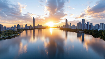 Fototapeta premium skyline city at dusk with reflections in calm lake, showcasing vibrant colors
