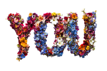 Colorful floral arrangement spells out the word you in a vibrant and artistic display for celebration or decoration