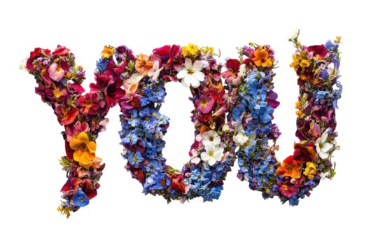 Colorful floral arrangement spells out the word you in a vibrant and artistic display for celebration or decoration