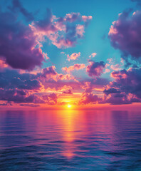 Obraz premium A breathtaking scene featuring a vibrant blue sky with white clouds and a golden sunset reflecting on the sea, captured in high-definition photography with rich colors and radiant golden light