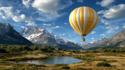 Fototapeta premium whimsical hot air balloon floats over serene landscape with mountains and lake