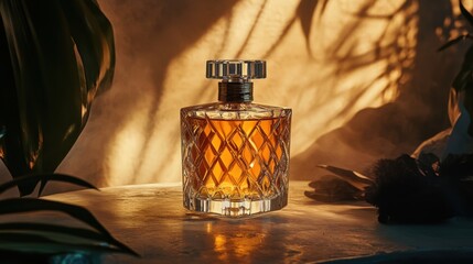 Elegant Glass Perfume Bottle with Amber Liquid and Shadows