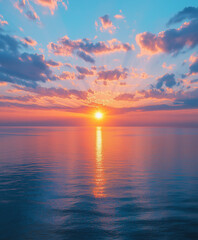 Fototapeta premium A breathtaking scene featuring a vibrant blue sky with white clouds and a golden sunset reflecting on the sea, captured in high-definition photography with rich colors and radiant golden light
