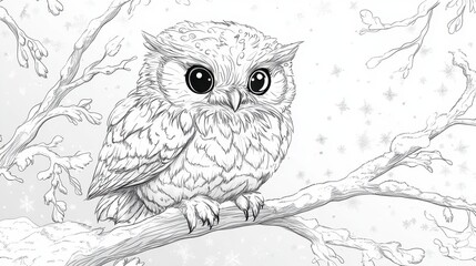 Fototapeta premium Whimsical snowy owl perched on a branch amidst a serene winter landscape perfect for coloring creativity