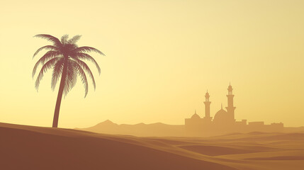 Desert Oasis Palm Tree Silhouette and Mosque at Sunset