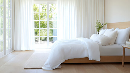 Fototapeta premium Bright airy bedroom with flowing curtains and cozy bed