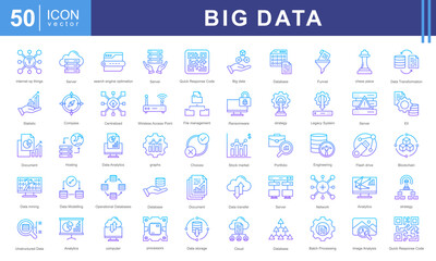 Big Data icon collection. Contains database, information, data analytics, insights, search engine optimization, velocity, variety, value, processing, storage icons.
