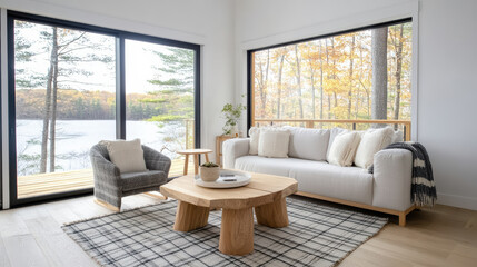 Cozy living room with view of lake and autumn trees outside