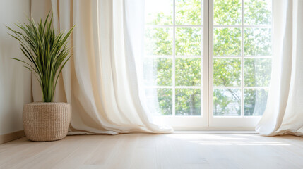 Bright room with sheer curtains and potted plant by window