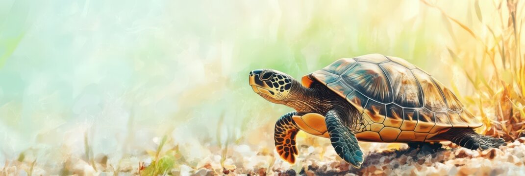 Celebrating world turtle day with vibrant seaside nature scene. Horizontal banner. Copy space. World Wildlife Day. Biological Diversity Day