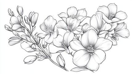 Delicate floral arrangement coloring page featuring intricate blossoms and buds for creative expression