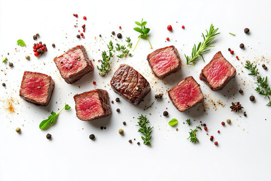 White plate with sliced steak draped in a savory sauce. Fresh green herbs garnish the dish, placed immaculately on a sleek table setting.