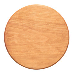 Round cherry wood pallet. Round wooden cutting board. Empty tray overhead shot textured background. Cutting board isolated on white background	