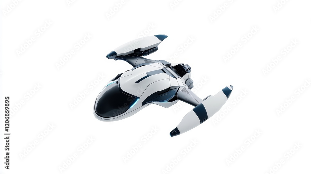 Poster futuristic sleek design of a high-tech spaceship model featuring curved lines, glossy surfaces, and 