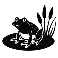 A green frog sitting on a lily pad in a pond with cattails in the background, vector illustration.