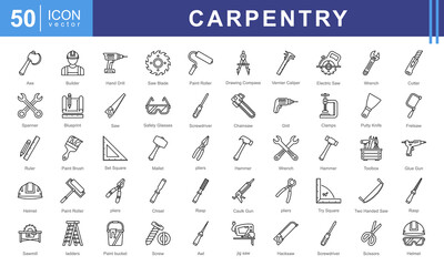Carpentry icon collection set. Containing tools, work equipment, hammer, saw, nails, and wooden planks. Perfect for DIY projects, woodworking, or furniture businesses.