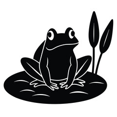 A green frog sitting on a lily pad in a pond with cattails in the background, vector illustration.