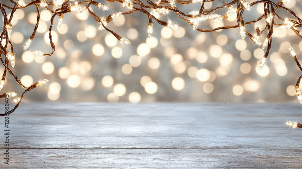 Poster bright sparkling lights create festive bokeh effect on wooden surface