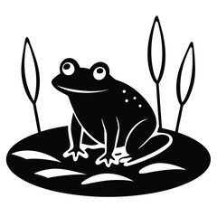 A green frog sitting on a lily pad in a pond with cattails in the background, vector illustration.