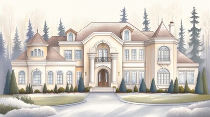 Fototapeta premium Elegant classic house, a luxurious home with spacious yard and exquisite architectural design