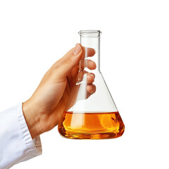 Scientist hand holding flask with chemistry liquid  available PNG on white background