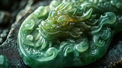 Fototapeta premium Intricate Jade Pendant in the Shape of a Dragon with Detailed Carvings and Fine Textures