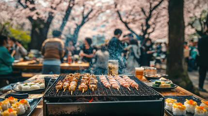 Lively Barbecue Gathering in Bustling Tokyo Park During Cherry Blossom Season