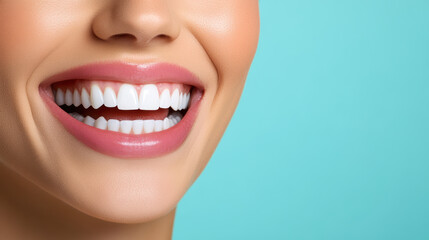 Obraz premium close up of healthy teeth with joyful smile against blue background
