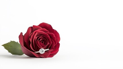 Fototapeta premium Elegant Red Rose with a Sparkling Diamond Ring Perfectly Placed on Its Petals, Symbolizing Love, Romance, and Commitment for Engagement or Anniversary Celebrations