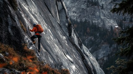 a young man is climbing a high cliff and using a backpack