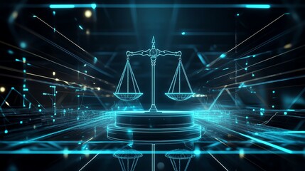 Futuristic digital scales of justice concept.