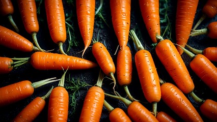 Stack of carrots in close up horizontal view 