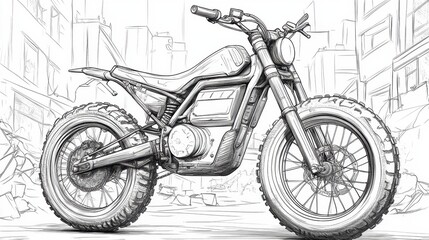 Fototapeta premium Explore the thrilling adventure of a unique motorcycle in an urban landscape perfect for imaginative coloring fun