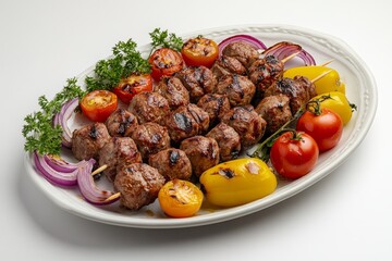Grilled meat skewers with roasted vegetables on a white platter.