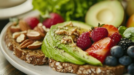 A nutritious plant-based breakfast plate, featuring avocado toast, fresh fruits