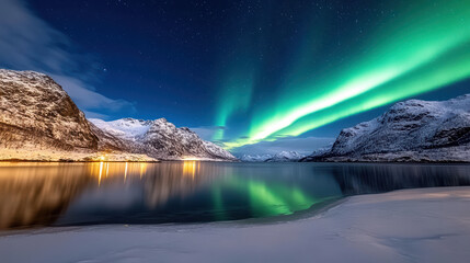 stunning cosmic landscape featuring shimmering aurora over tranquil lake