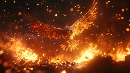 Fiery eagle in flight amidst flames and sparks.