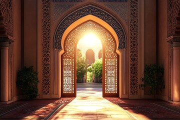 Fototapeta premium Ornate Arched Doorway - Mystical Islamic Architecture | Gateway to Paradise. Step into a world of wonder through this Ornate Arched Doorway, an exquisite example of intricate Islamic architecture. 
