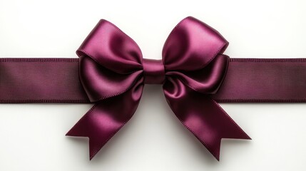 Elegant deep purple satin bow poised gracefully on a soft white background for a festive occasion
