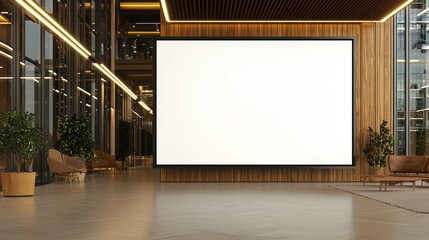 Large blank screen displayed in a stylish office lobby with wood-paneled walls.
