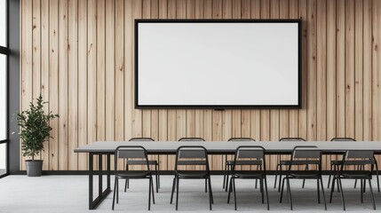Thin-framed wall in conference room, modern TV display above clean sleek furniture.