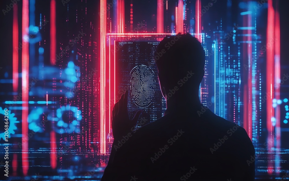 Poster man s silhouette scanning fingerprint on smartphone, surrounded by floating gears and dynamic data v