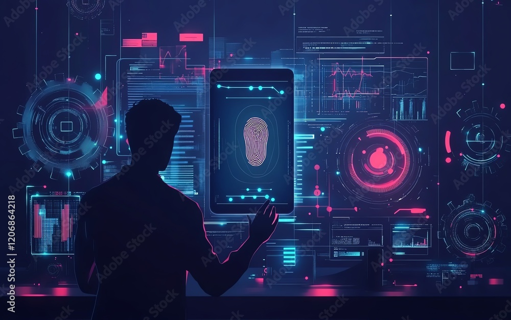 Poster man s silhouette scanning fingerprint on smartphone, surrounded by floating gears and dynamic data v